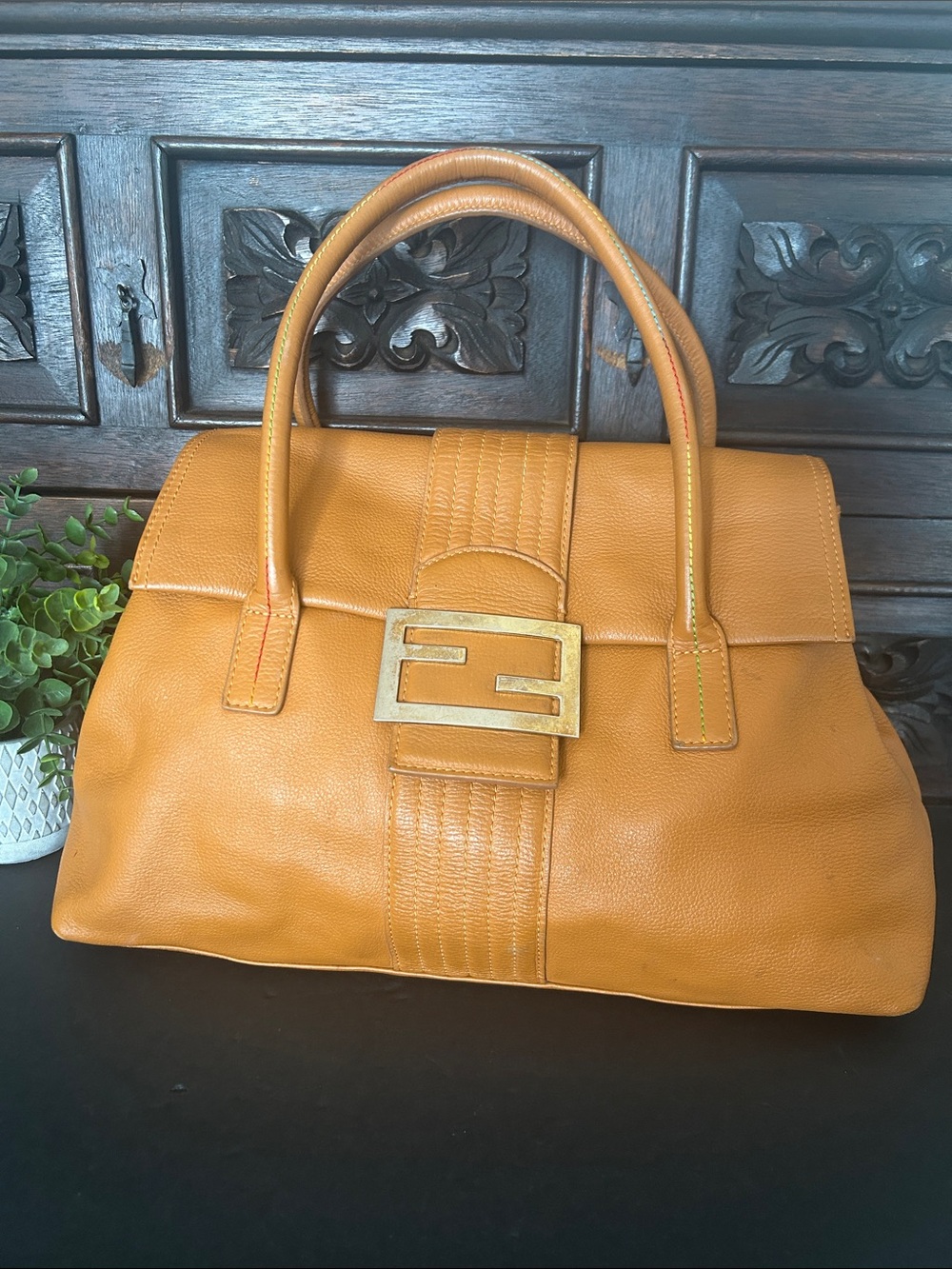 Structured Satchel Handbag in Camel with Gold Hardware